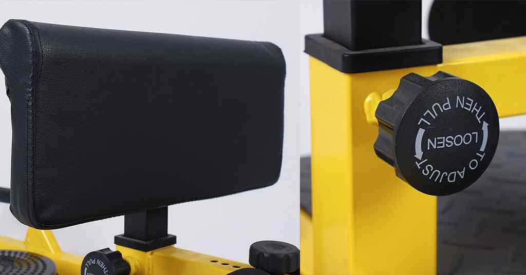 Adjustable roller pad and footplate on commercial grade sissy squat machine